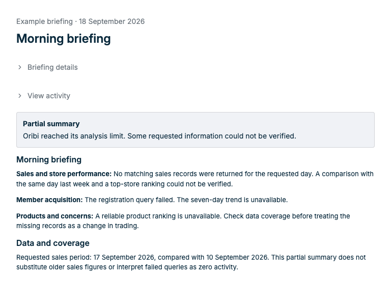 Illustrative partial briefing with collapsed details and activity, a visible warning, and data coverage notes