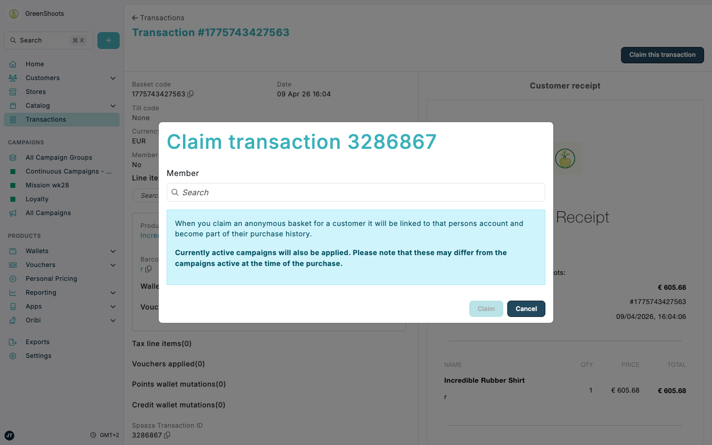 Claim transaction modal in Spaaza Console