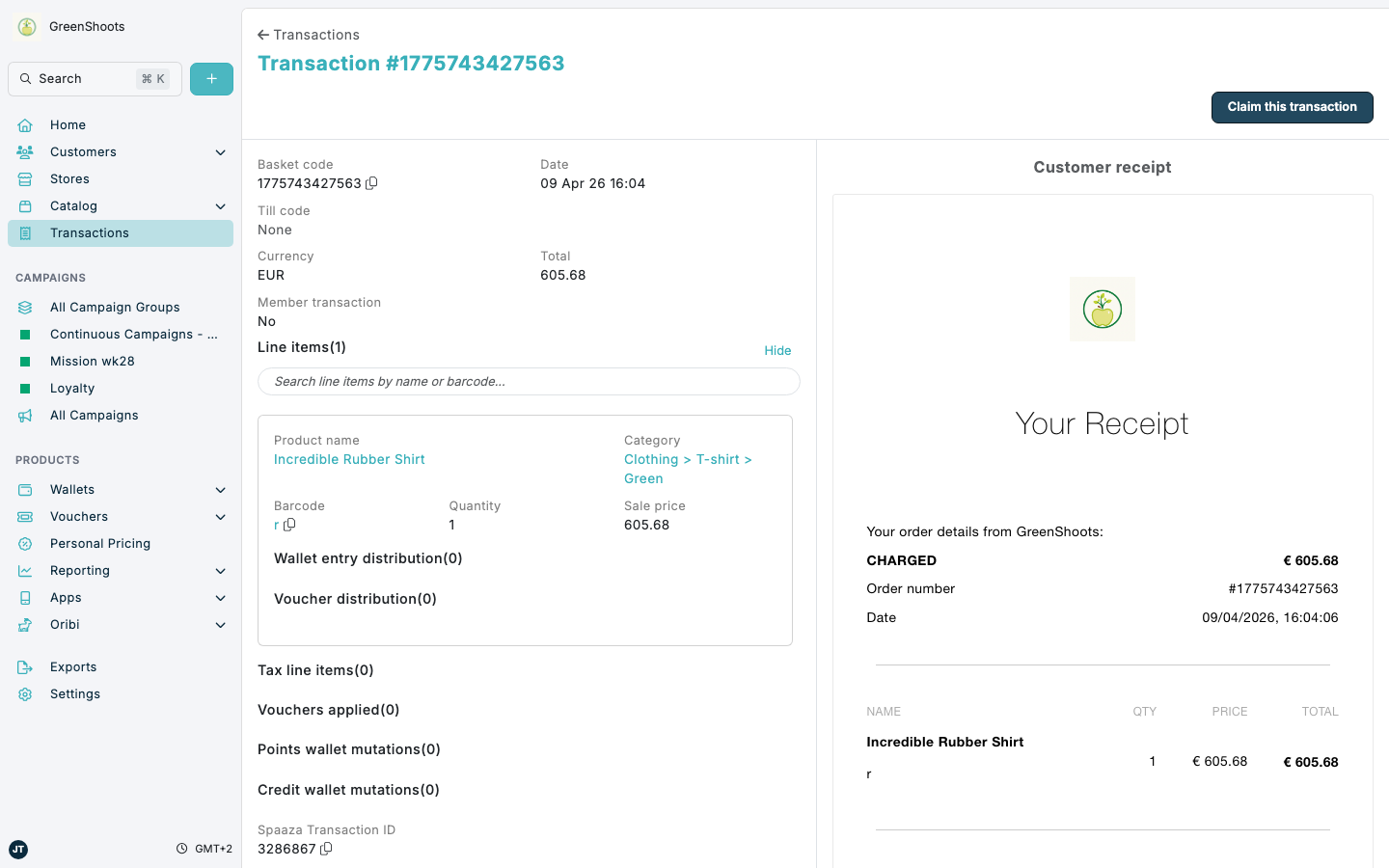 Anonymous transaction overview in Spaaza Console