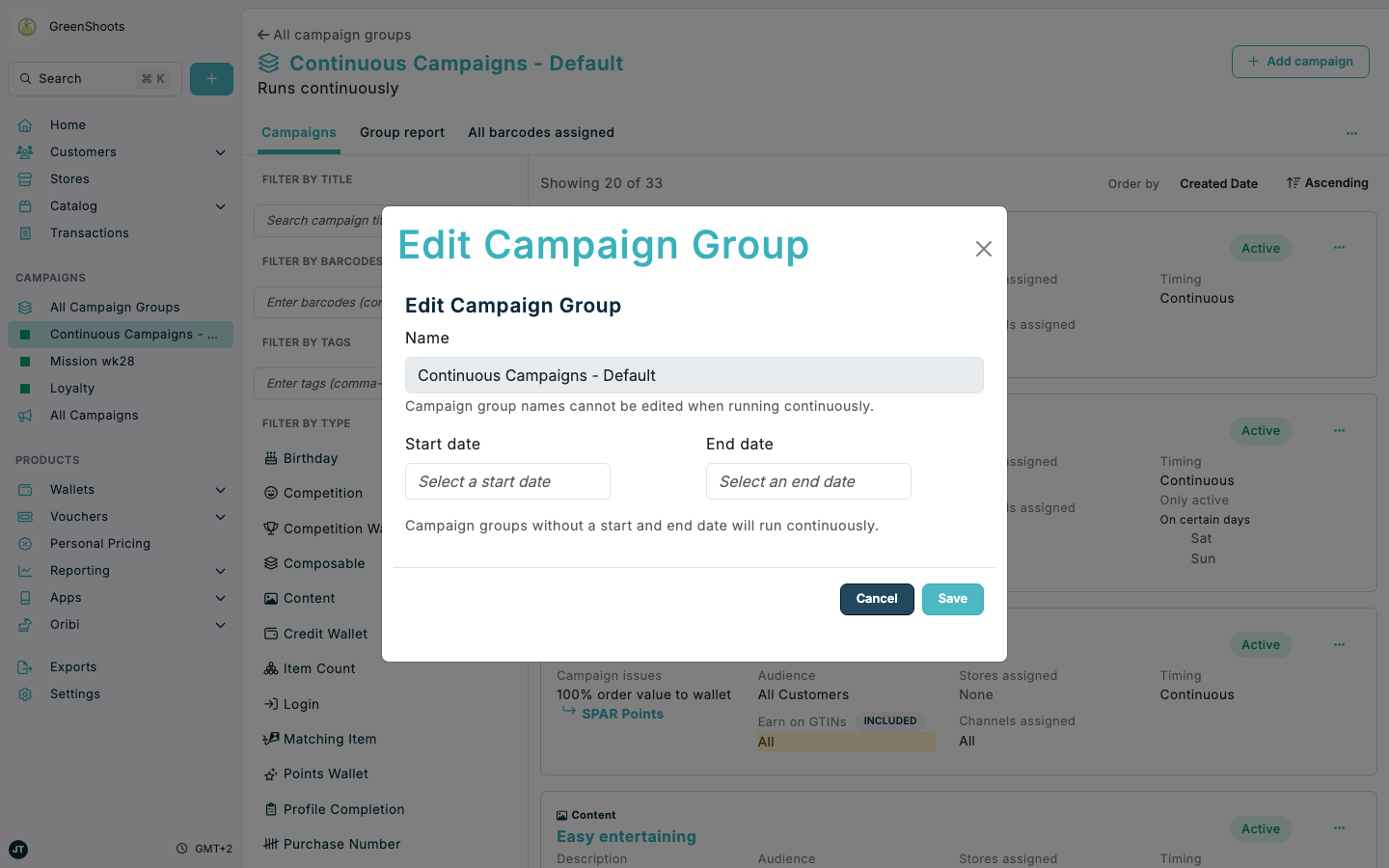 Editing a campaign group in Spaaza Console