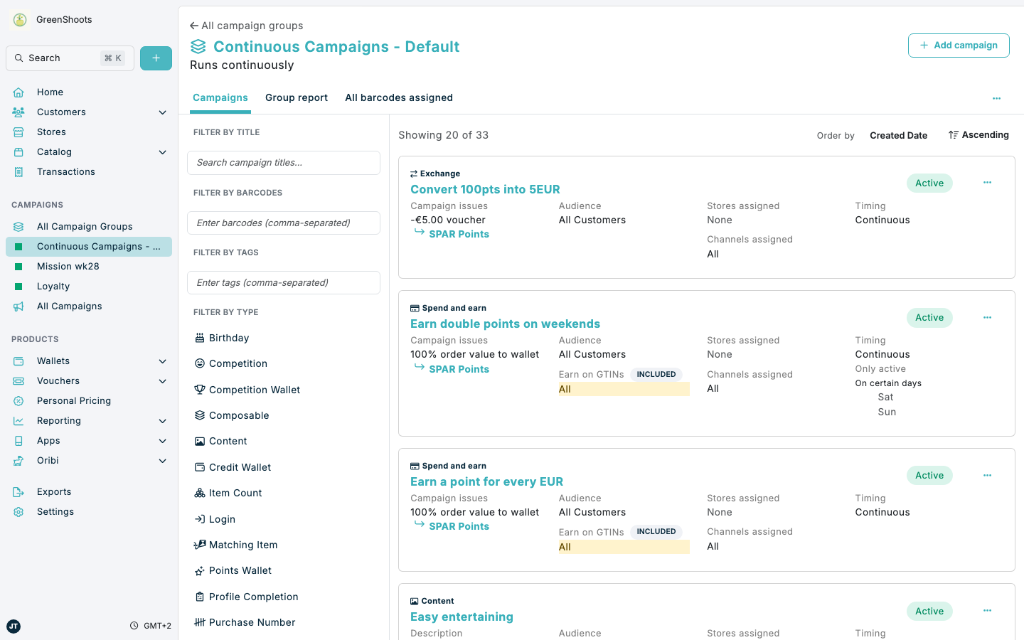 Campaign group navigation in Spaaza Console