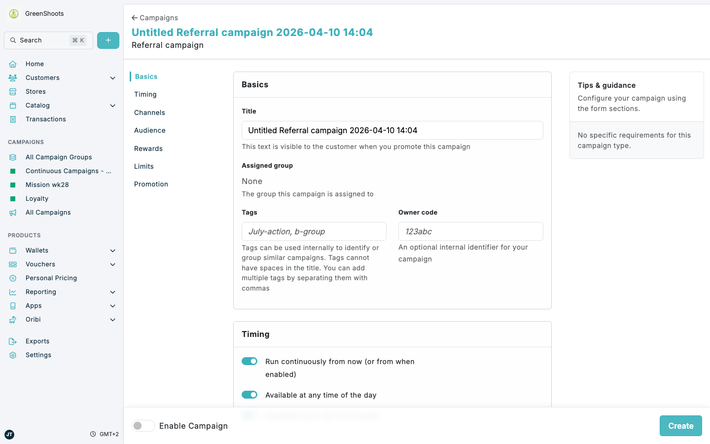 Campaign creation form in Spaaza Console