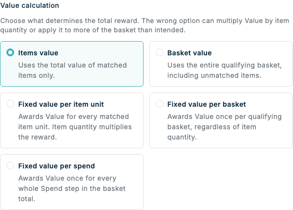 Value calculation choices for a composable campaign reward method Value calculation choices for a composable campaign reward method