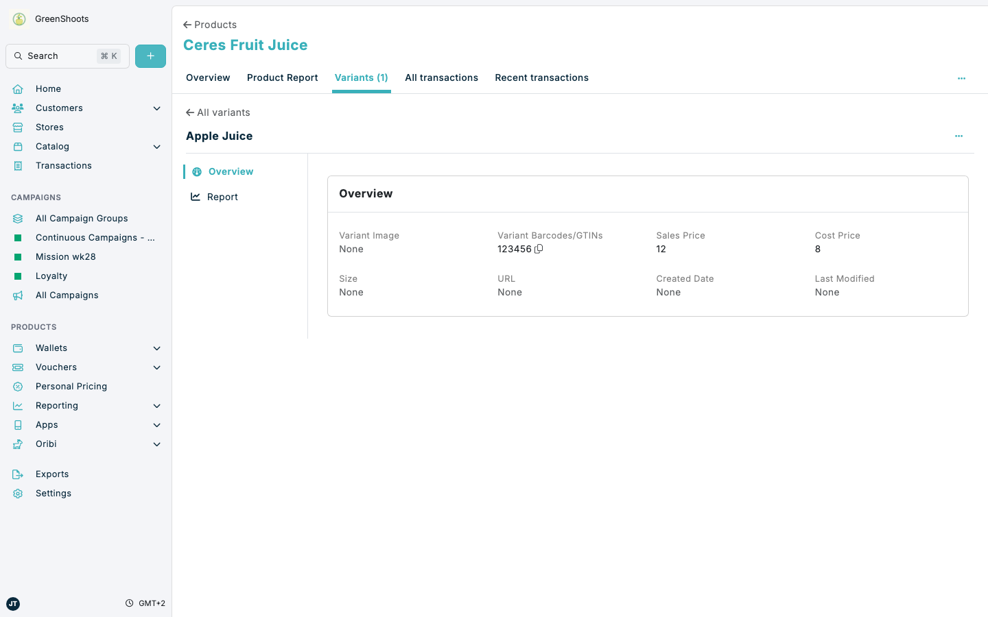 Variant overview in Spaaza Console