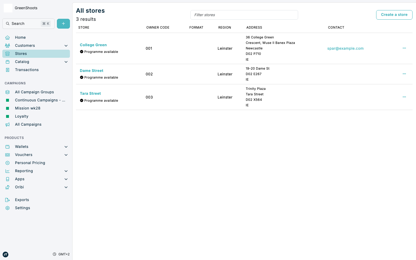 Stores list in Spaaza Console