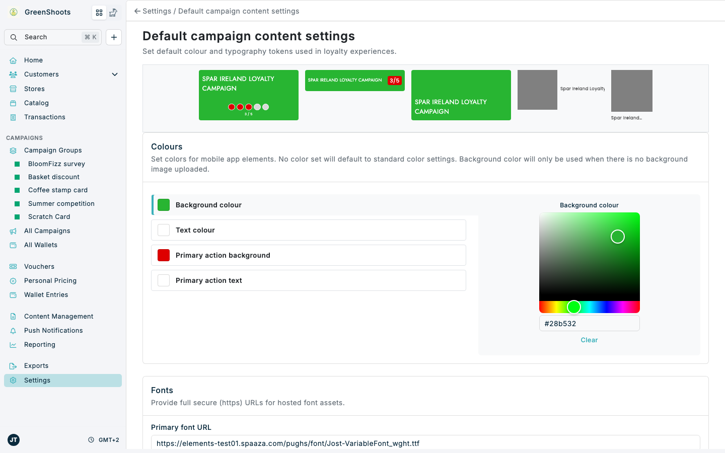Default campaign content settings in Spaaza Console