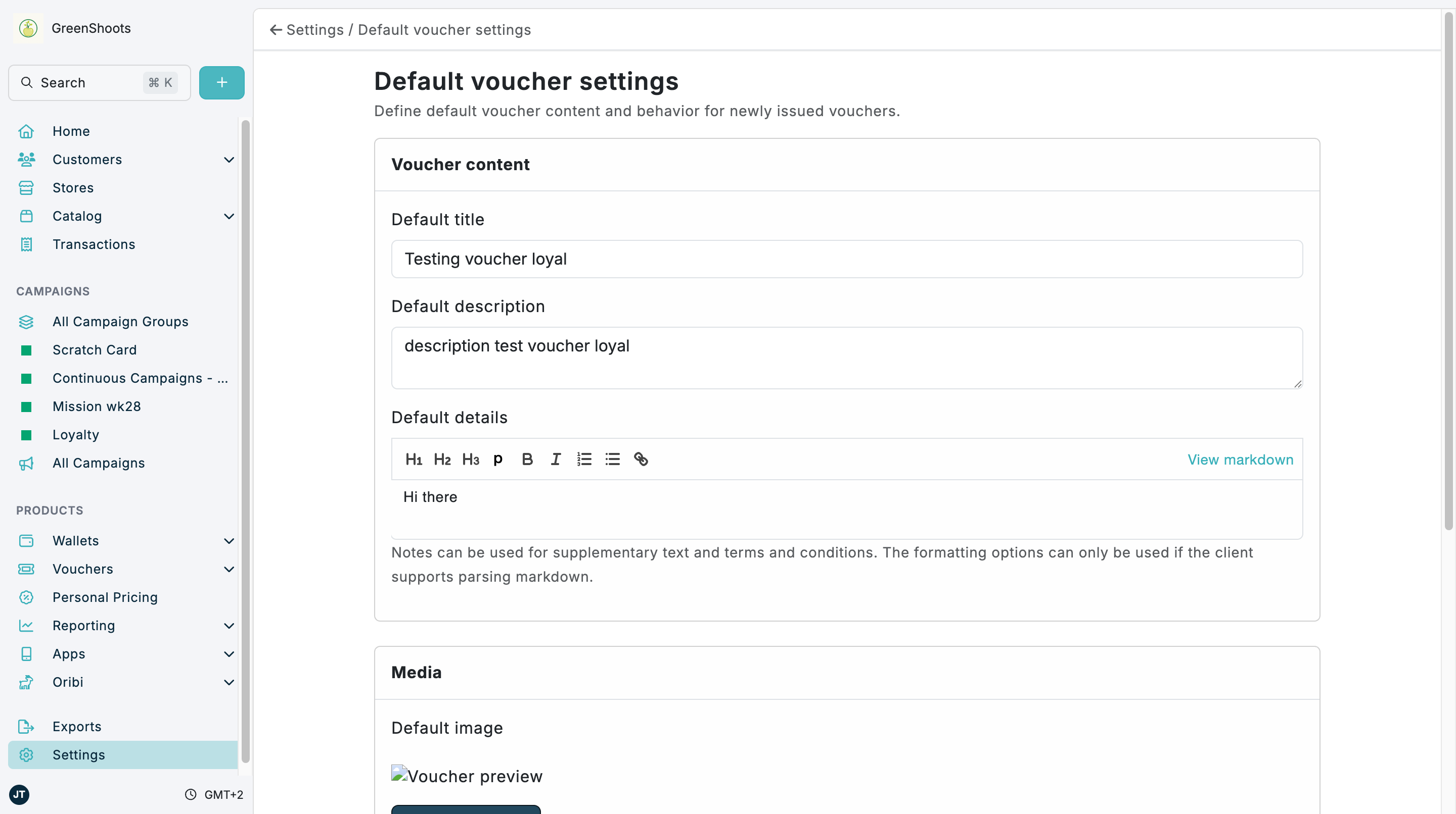 Default voucher settings in Spaaza Console