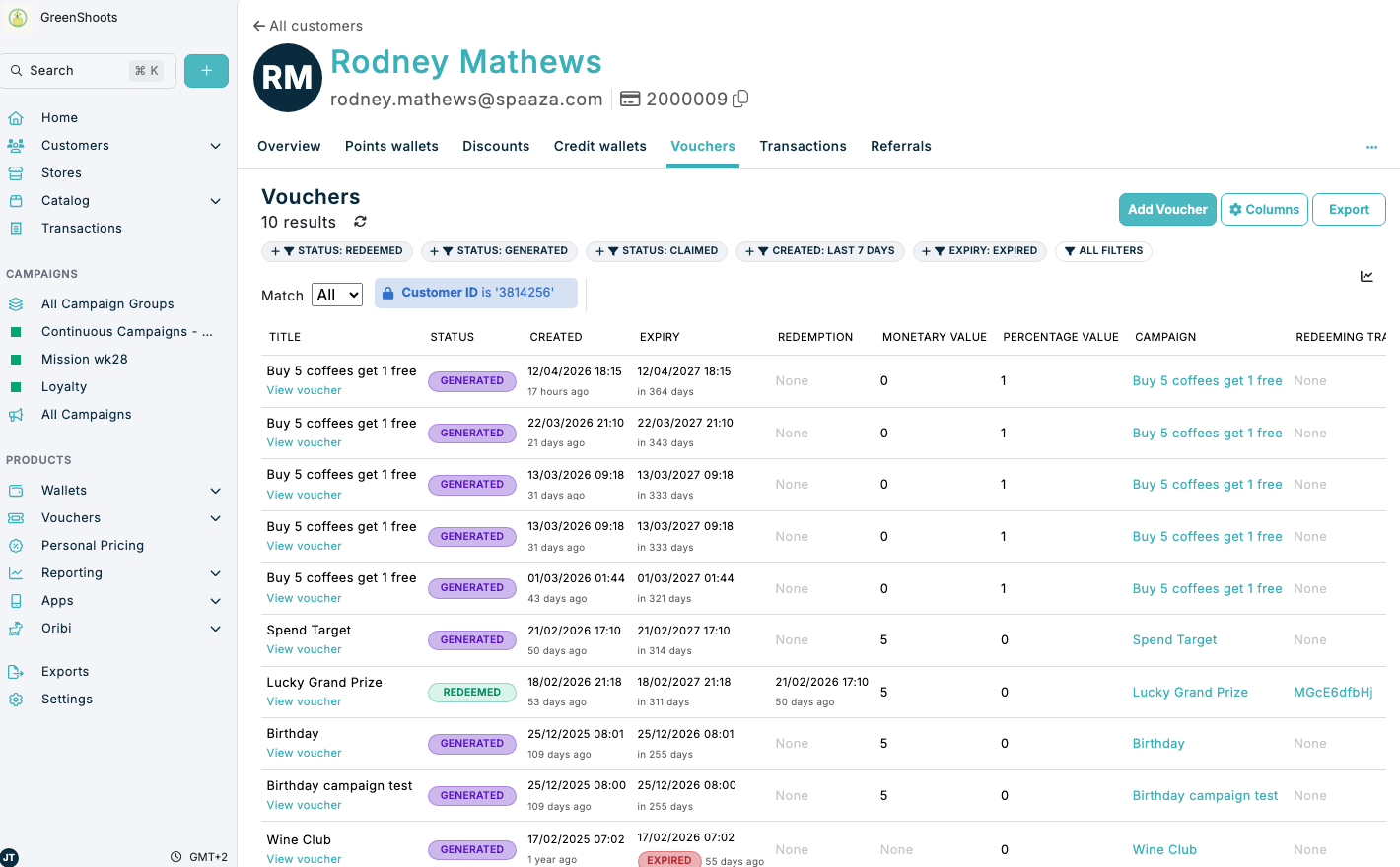 Voucher export from a customer voucher list in Spaaza Console