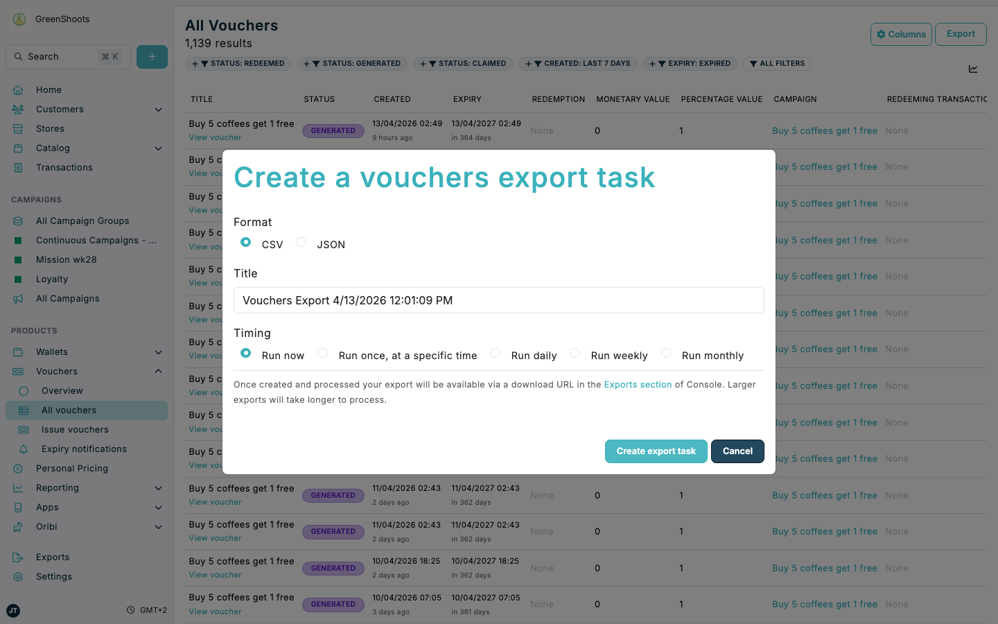 Exporting vouchers in Spaaza Console