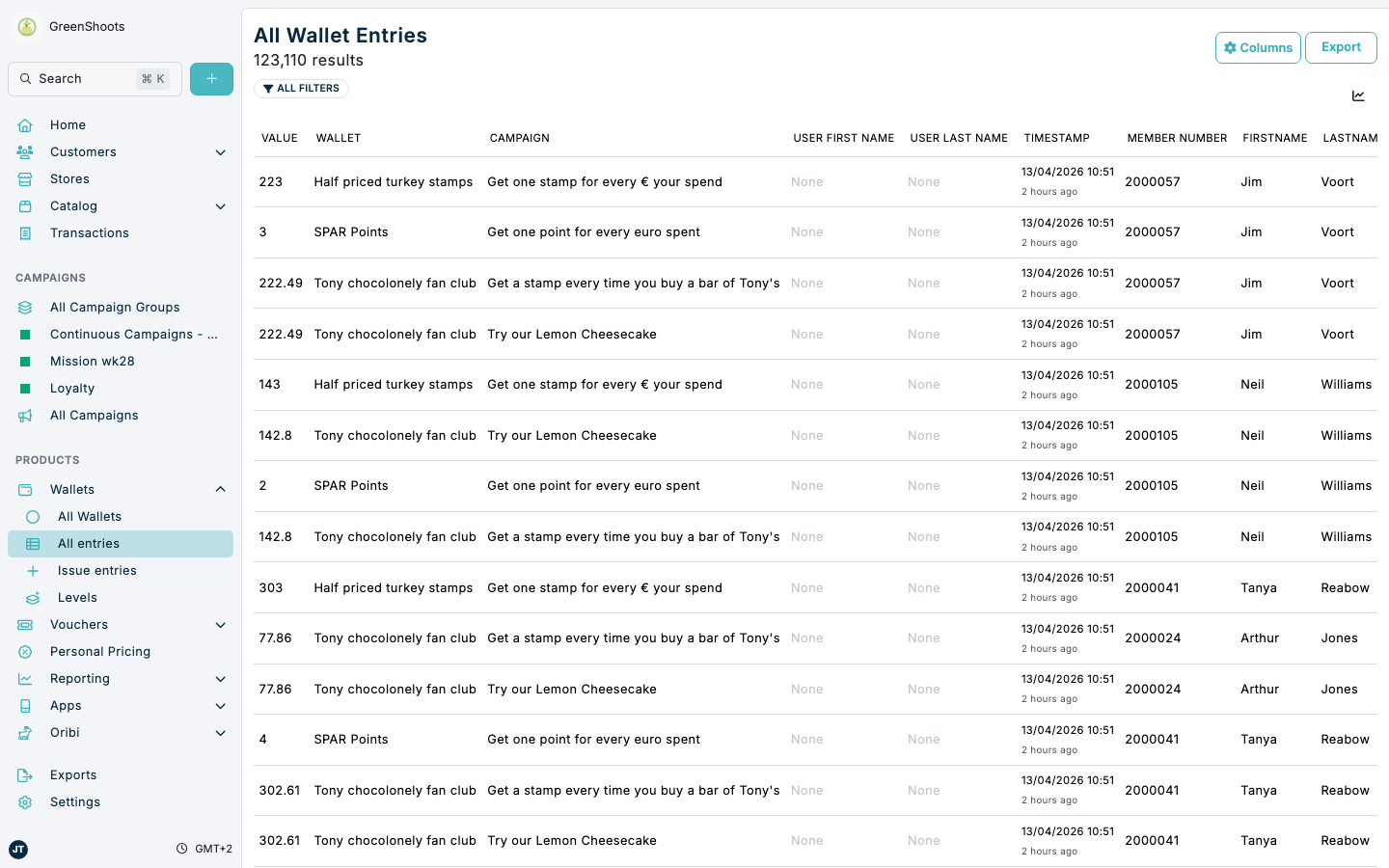 A wallet entry list ready for export in Spaaza Console