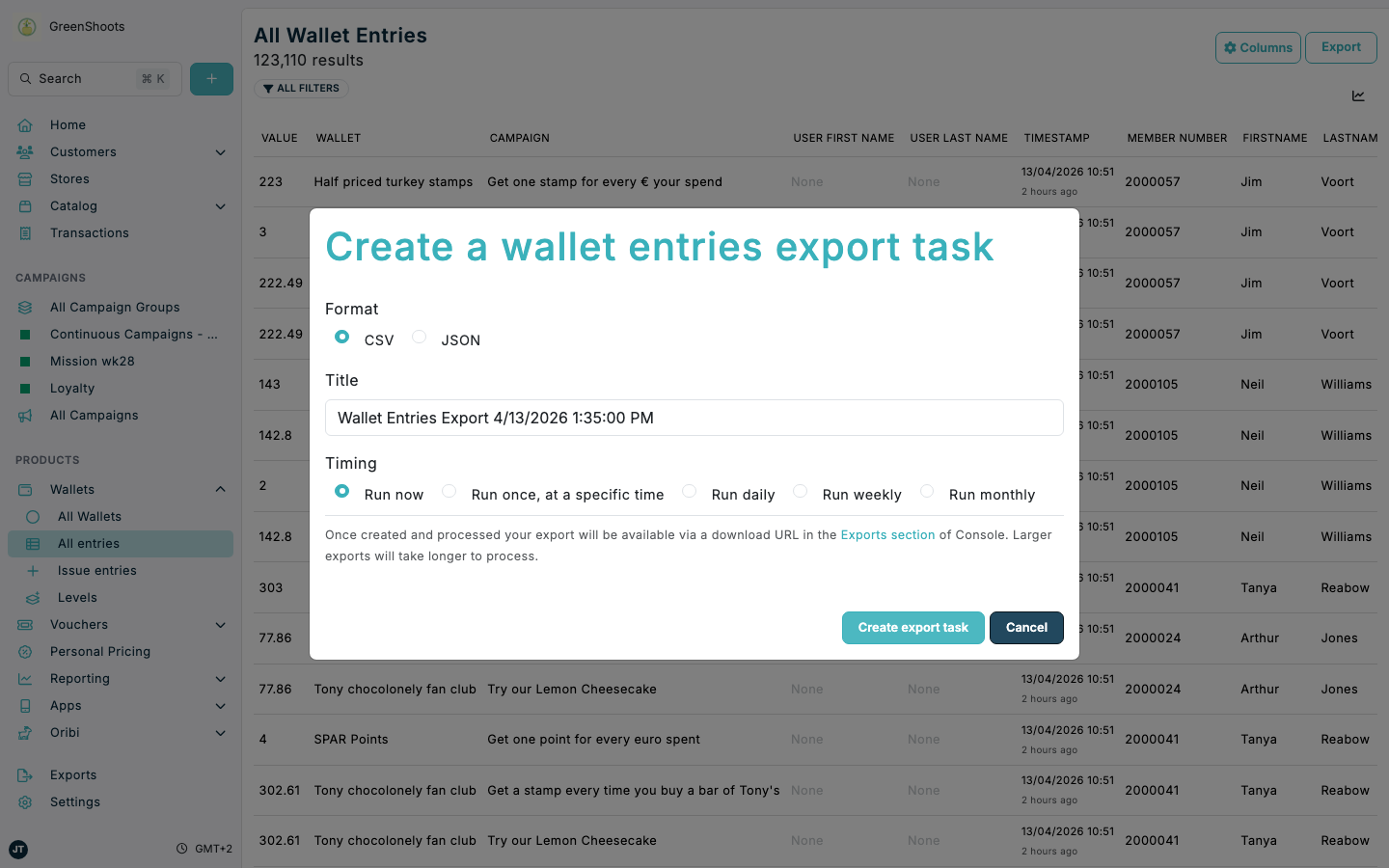Exporting wallet entries in Spaaza Console