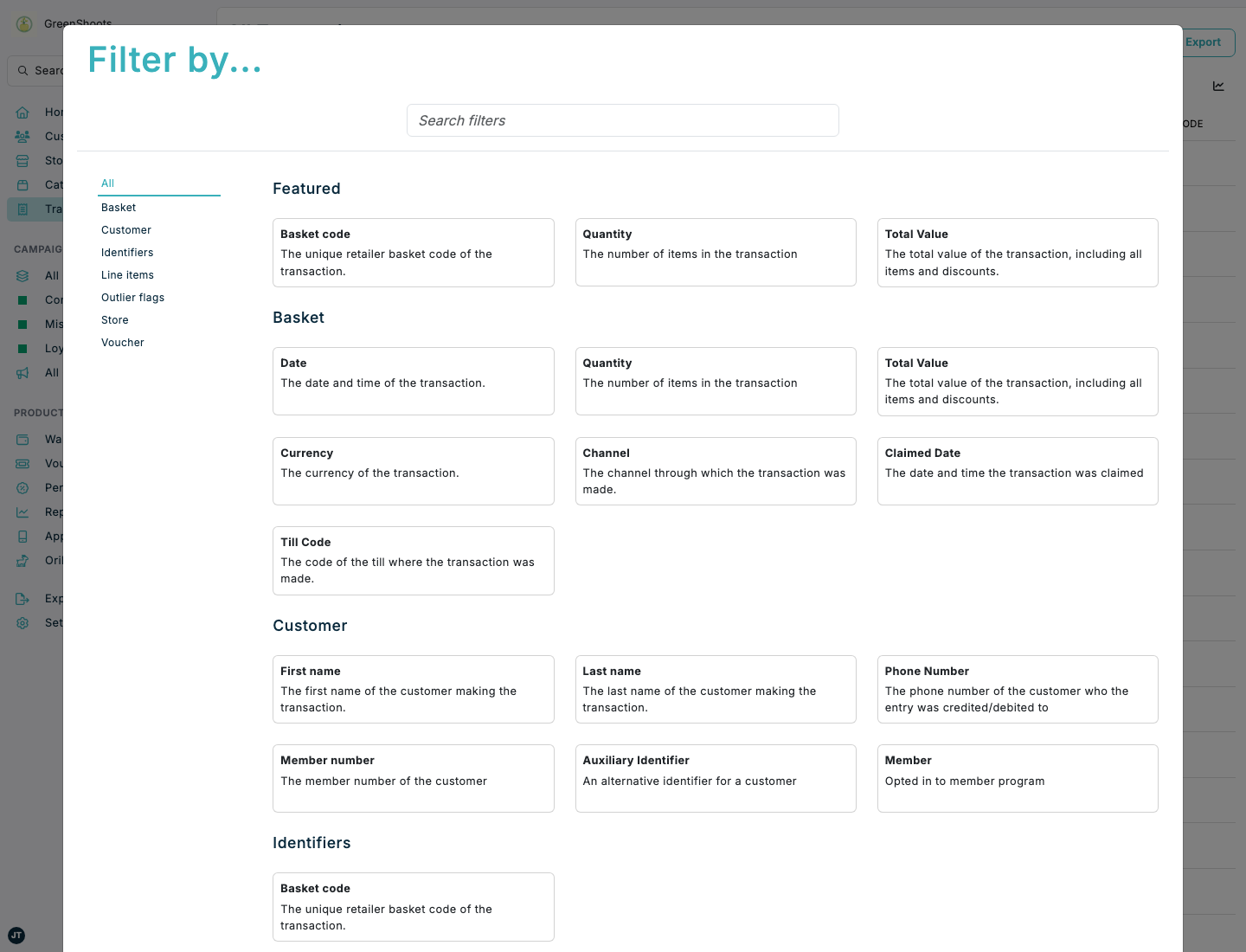 Available transaction filters in Spaaza Console