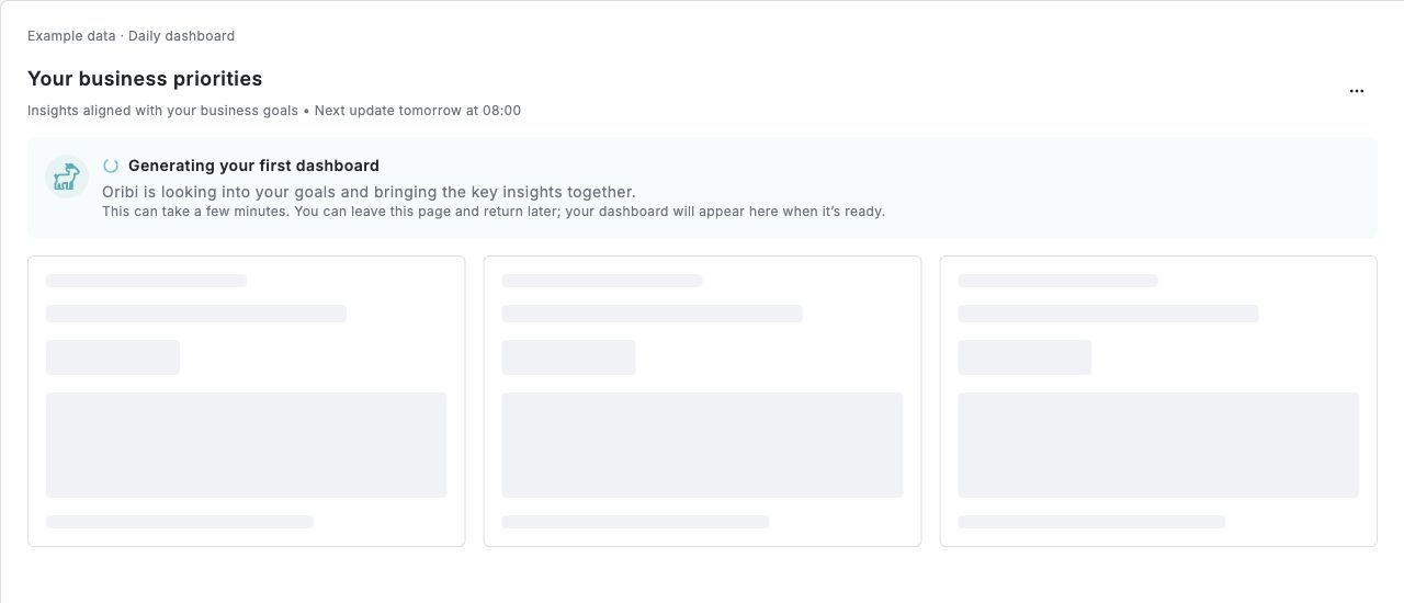 Oribi preparing the first dashboard with an activity indicator and placeholder cards