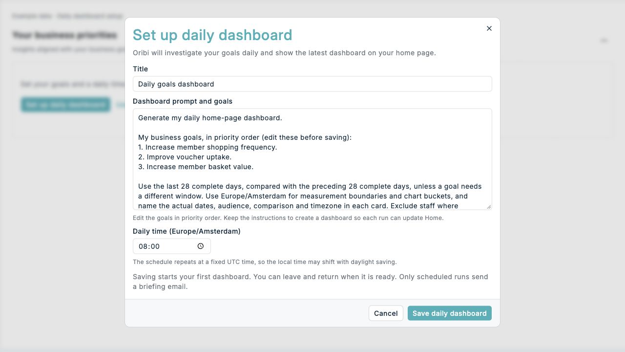 Set up daily dashboard with goals, daily time and automatic first generation