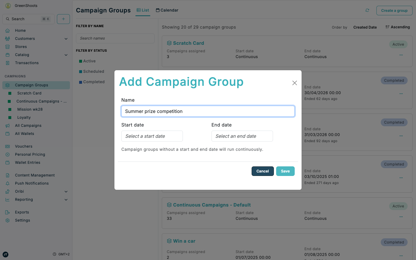 Campaign group for a competition in Spaaza Console