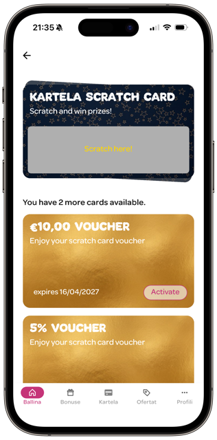 Scratch cards rendered in a Spaaza app
