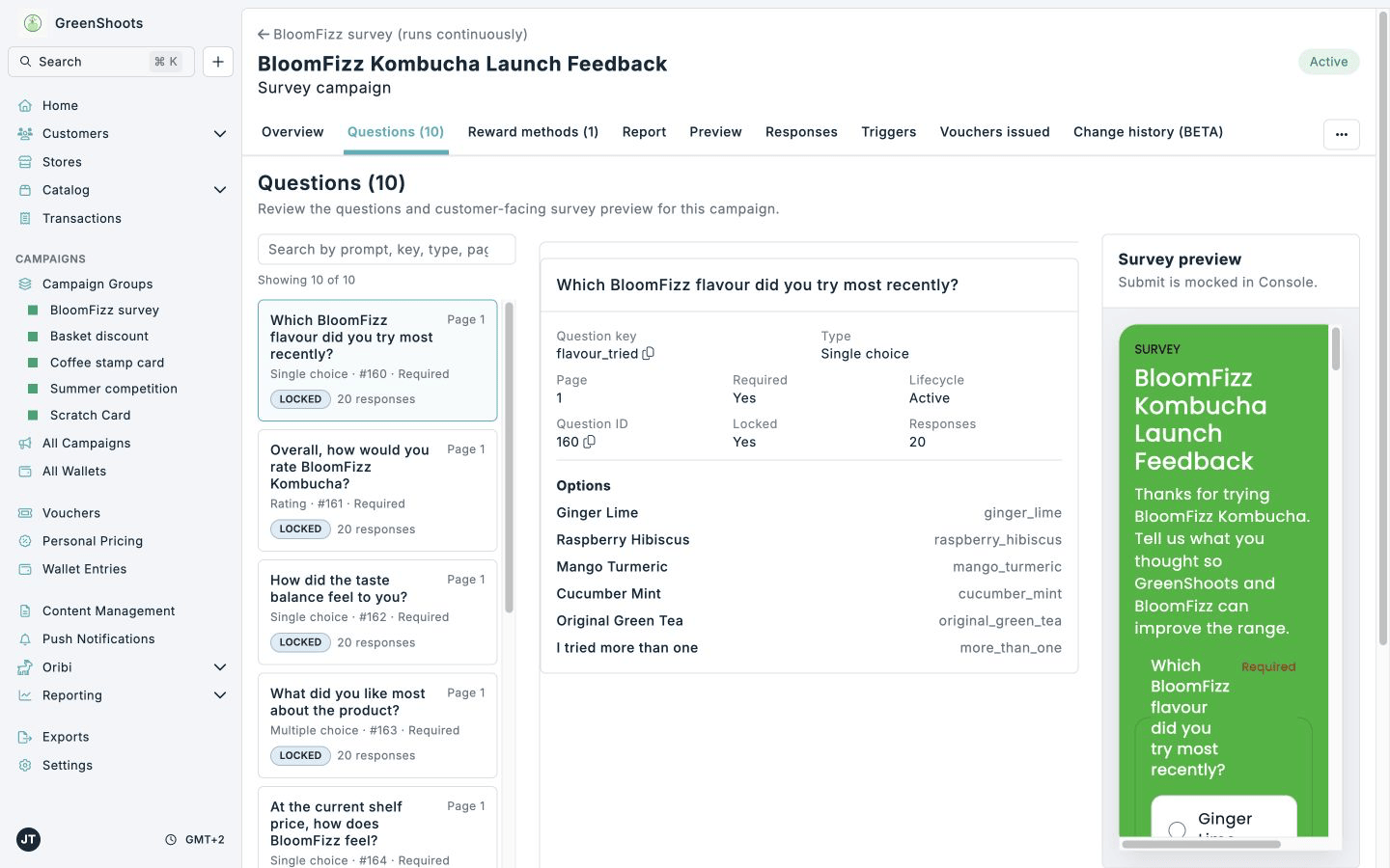 Survey question workspace with configuration details and live preview