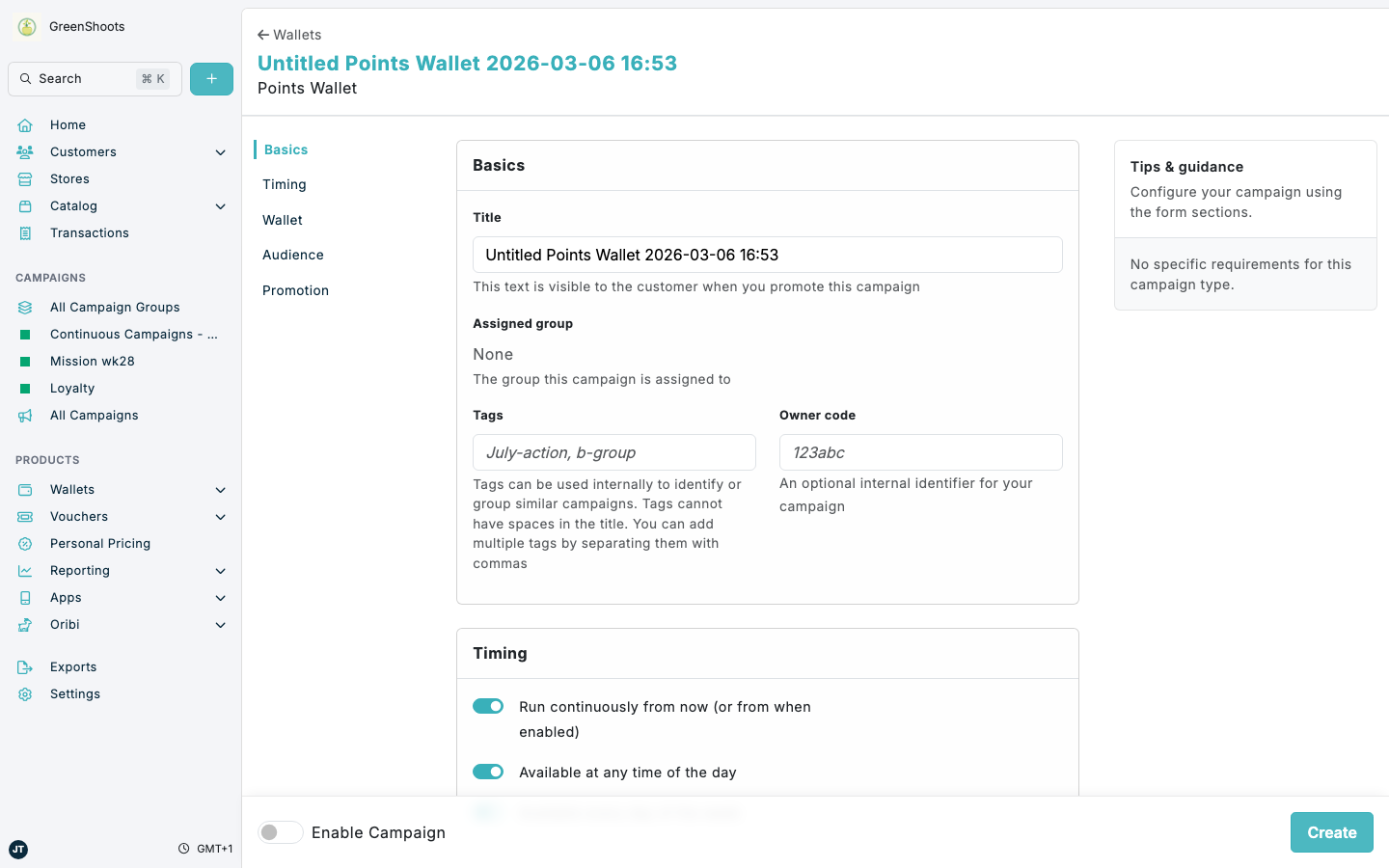 Points Wallet setup for a shopper mission in Spaaza Console