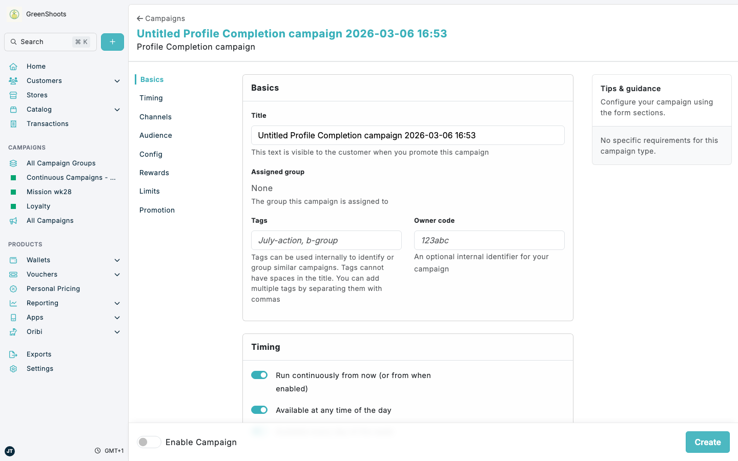 Profile Completion campaign setup for a shopper mission in Spaaza Console