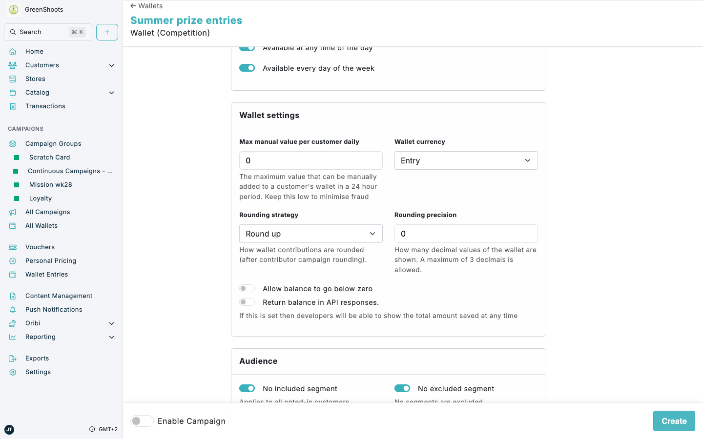 Wallet (Competition) setup in Spaaza Console