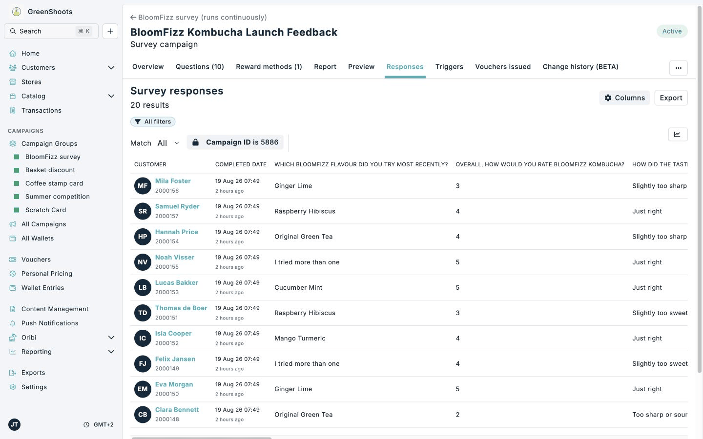 Survey responses with filters, configurable columns, and export action
