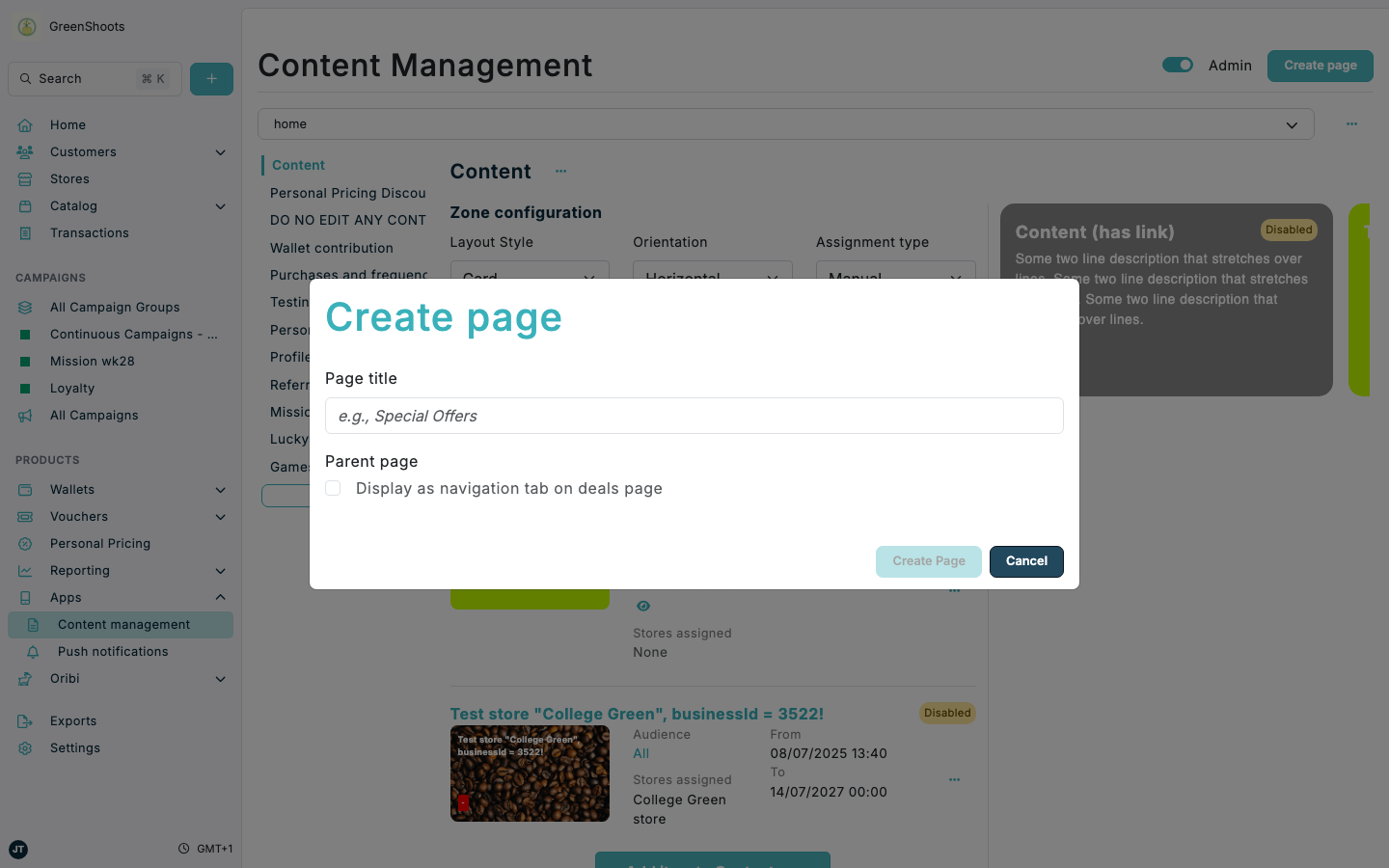Mission page setup in Content Management in Spaaza Console