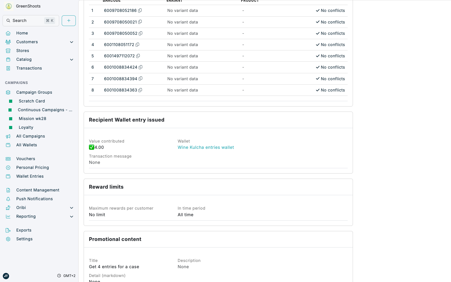 Contributing campaigns issuing entries to a competition wallet