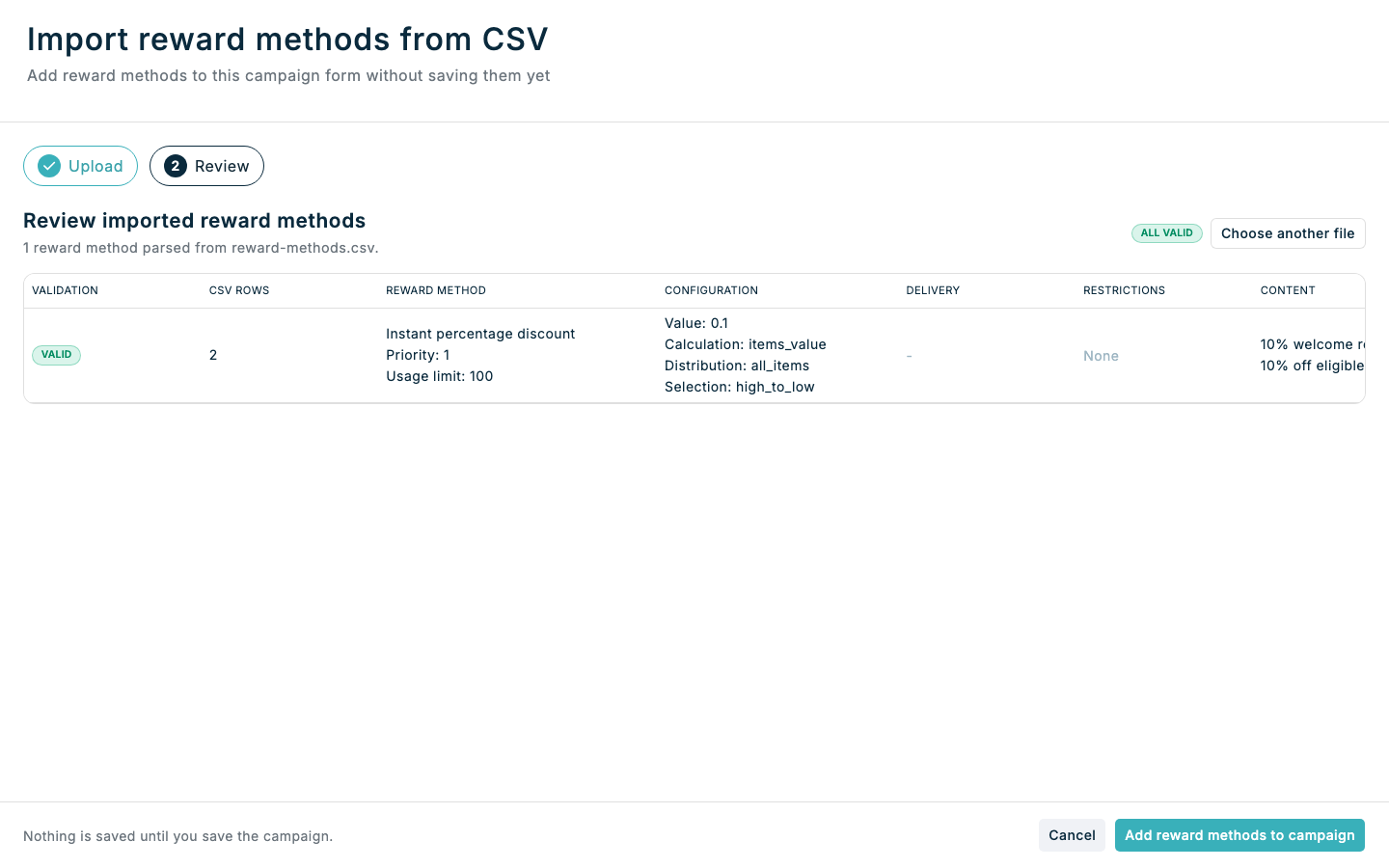 Reward method CSV review step in Spaaza Console Reward method CSV review step in Spaaza Console