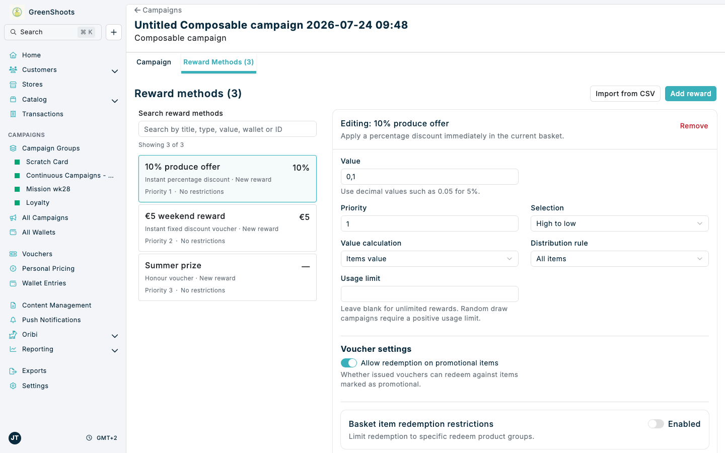 Composable campaign Reward Methods tab with summary cards and selected reward editor Composable campaign Reward Methods tab with summary cards and selected reward editor