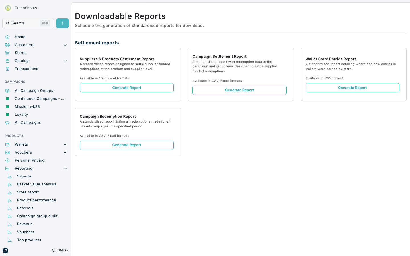 Downloadable Reports options in Spaaza Console Downloadable Reports options in Spaaza Console