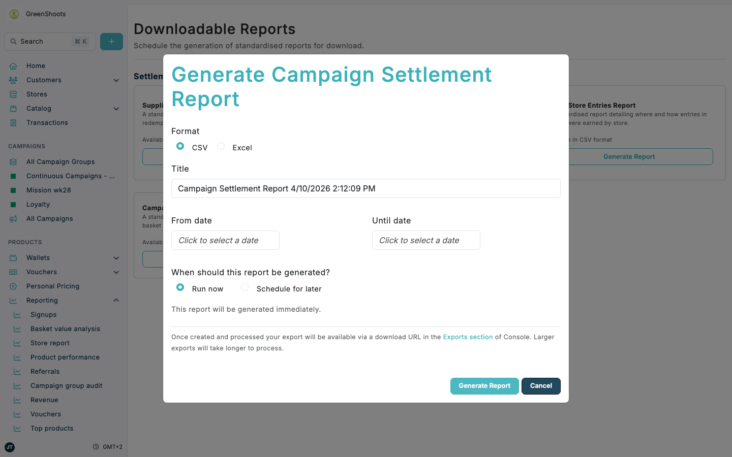 Generate Campaign Settlement Report dialog in Spaaza Console Generate Campaign Settlement Report dialog in Spaaza Console