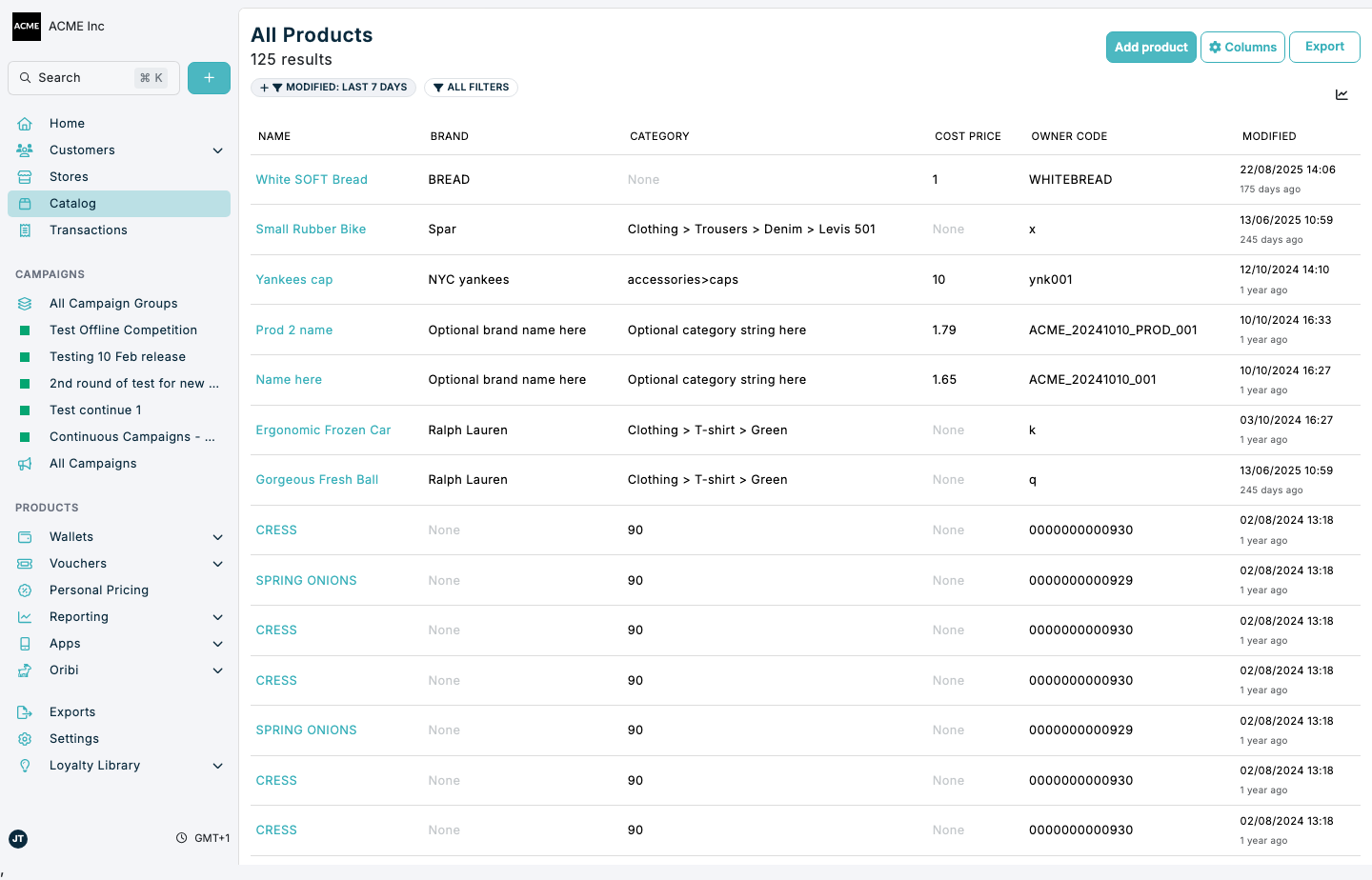 Products overview in Spaaza Console