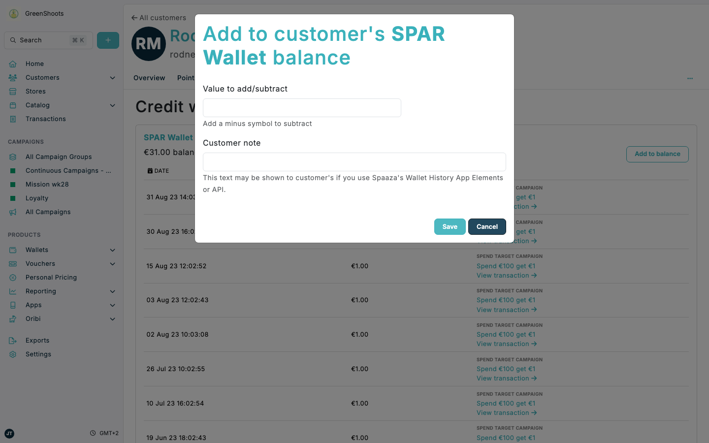 Manually adding wallet entries in Spaaza Console