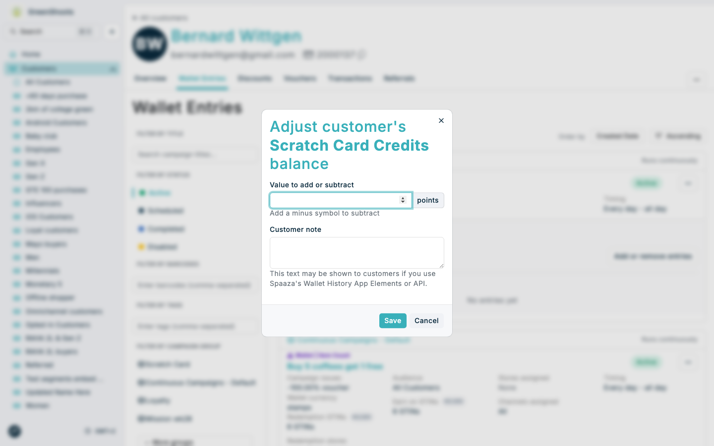 Manually adding wallet entries in Spaaza Console