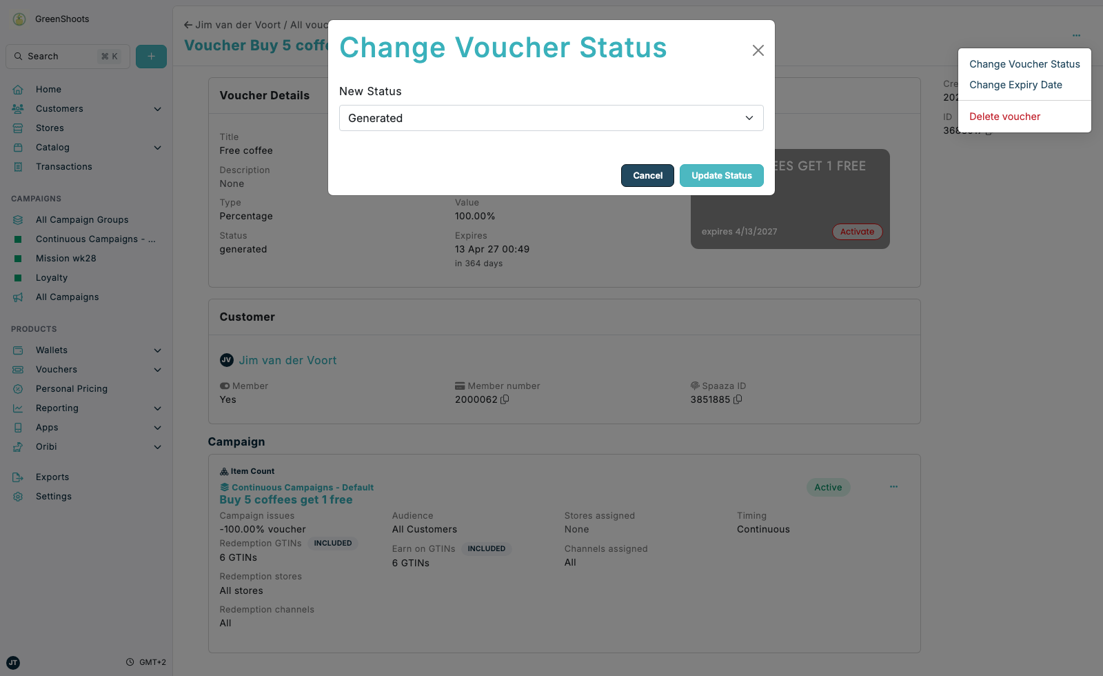 Changing the status of a voucher in Spaaza Console