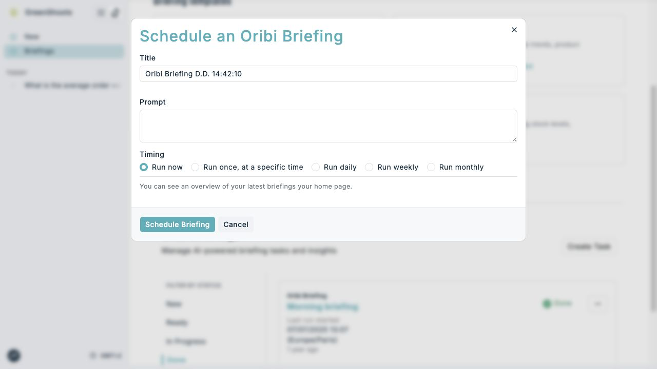 Scheduling a custom Oribi briefing in Spaaza Console