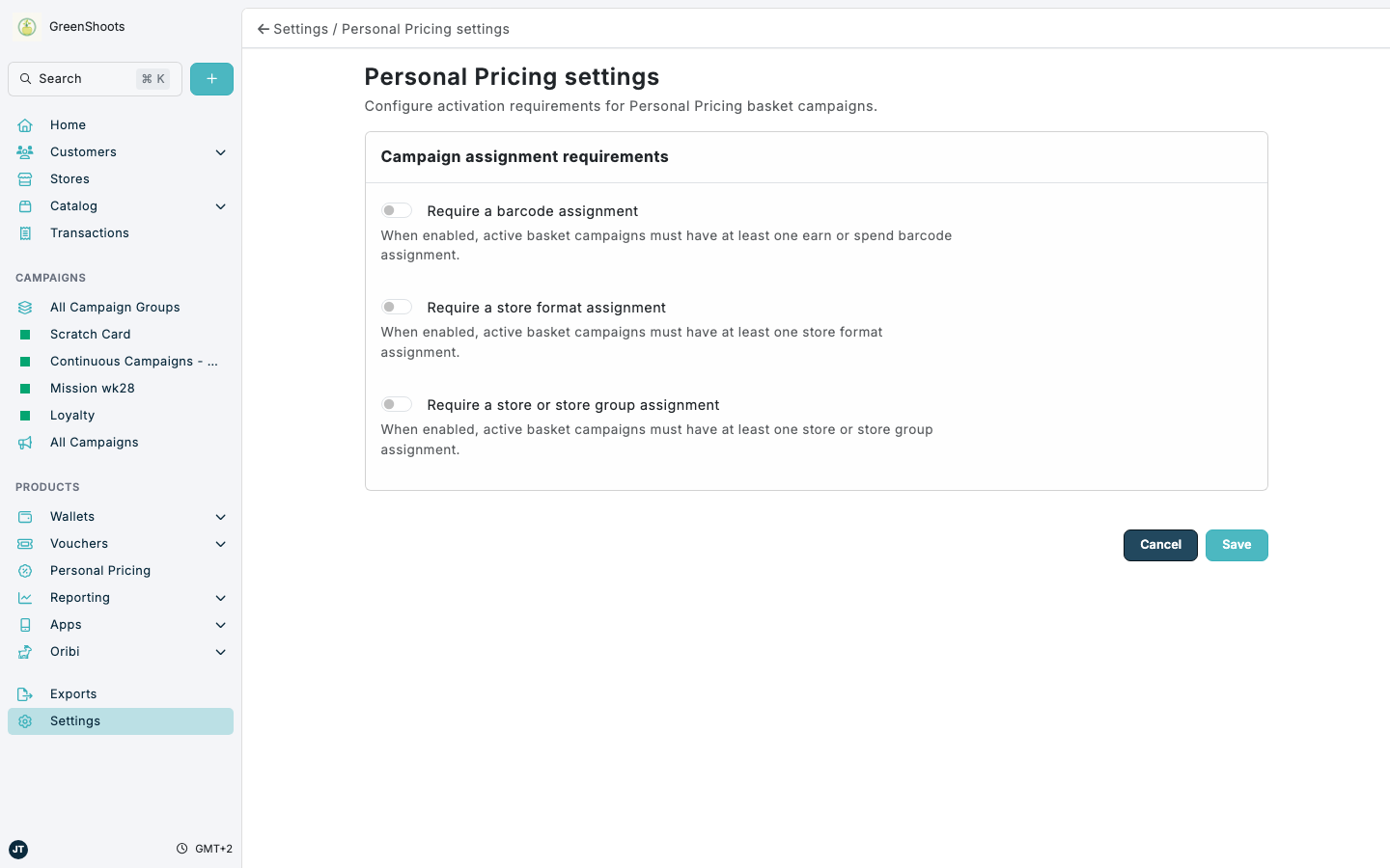 Personal Pricing settings
