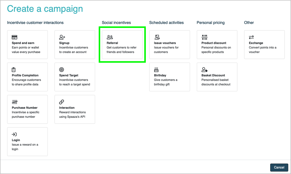 Spaaza console overview of all available campaigns