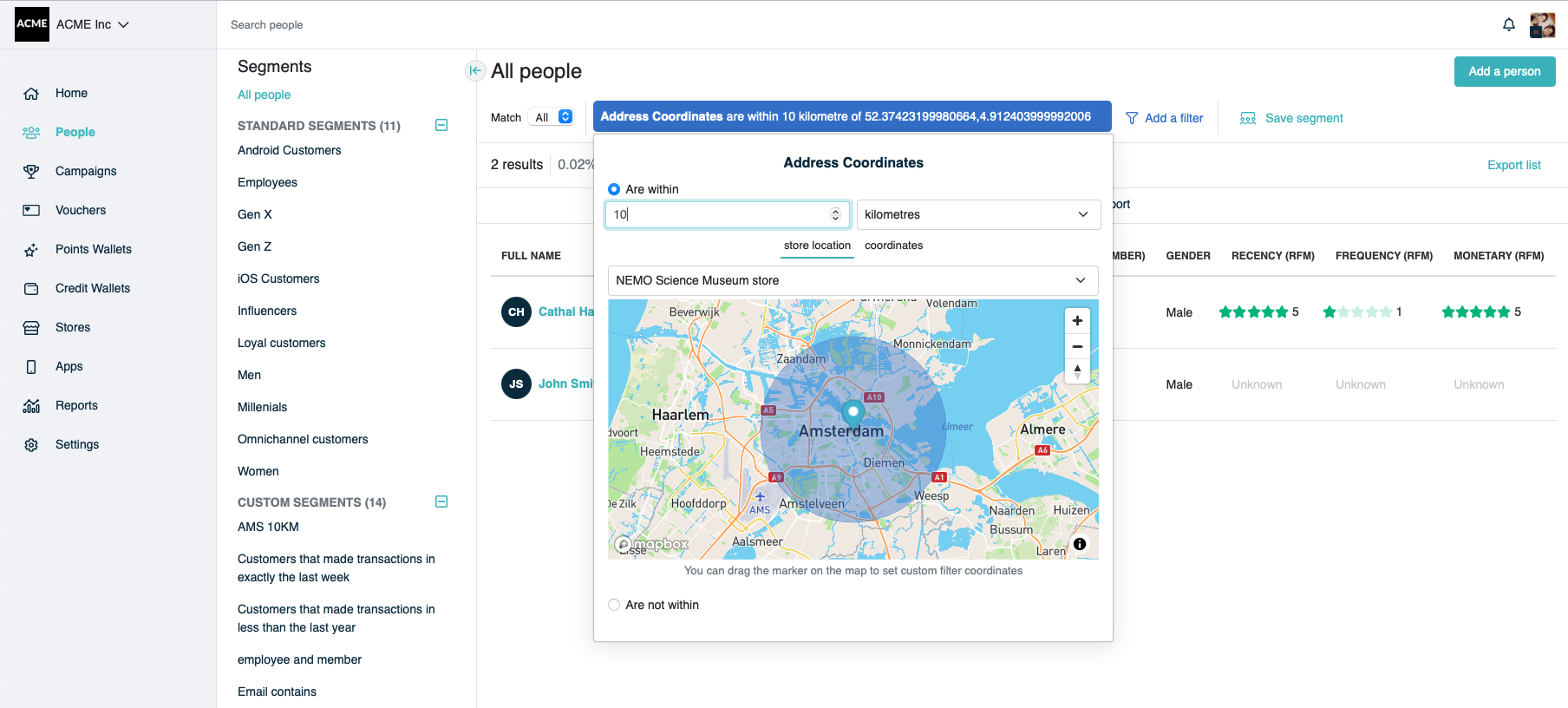 Filtering by address coordinates