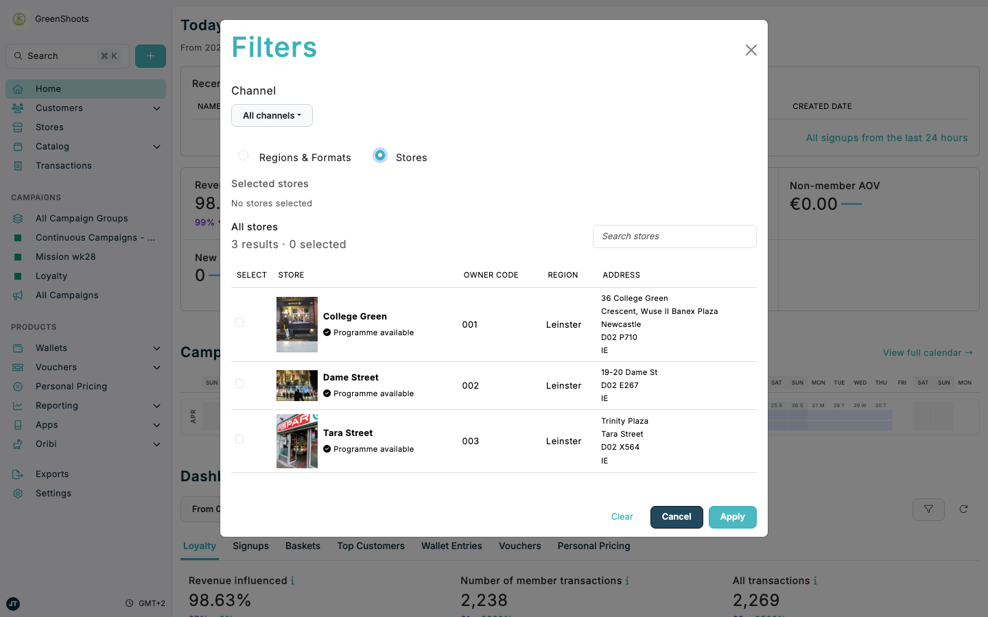 Analytics filters for stores in Spaaza Console