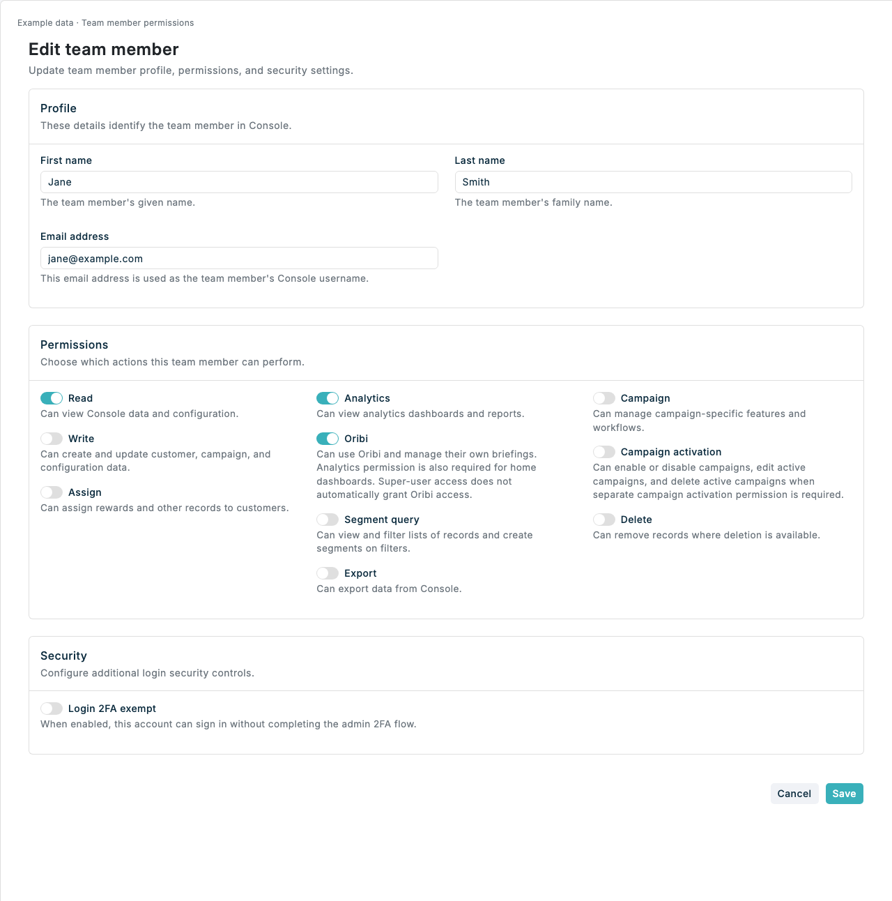 Team member permissions including Oribi, using illustrative data