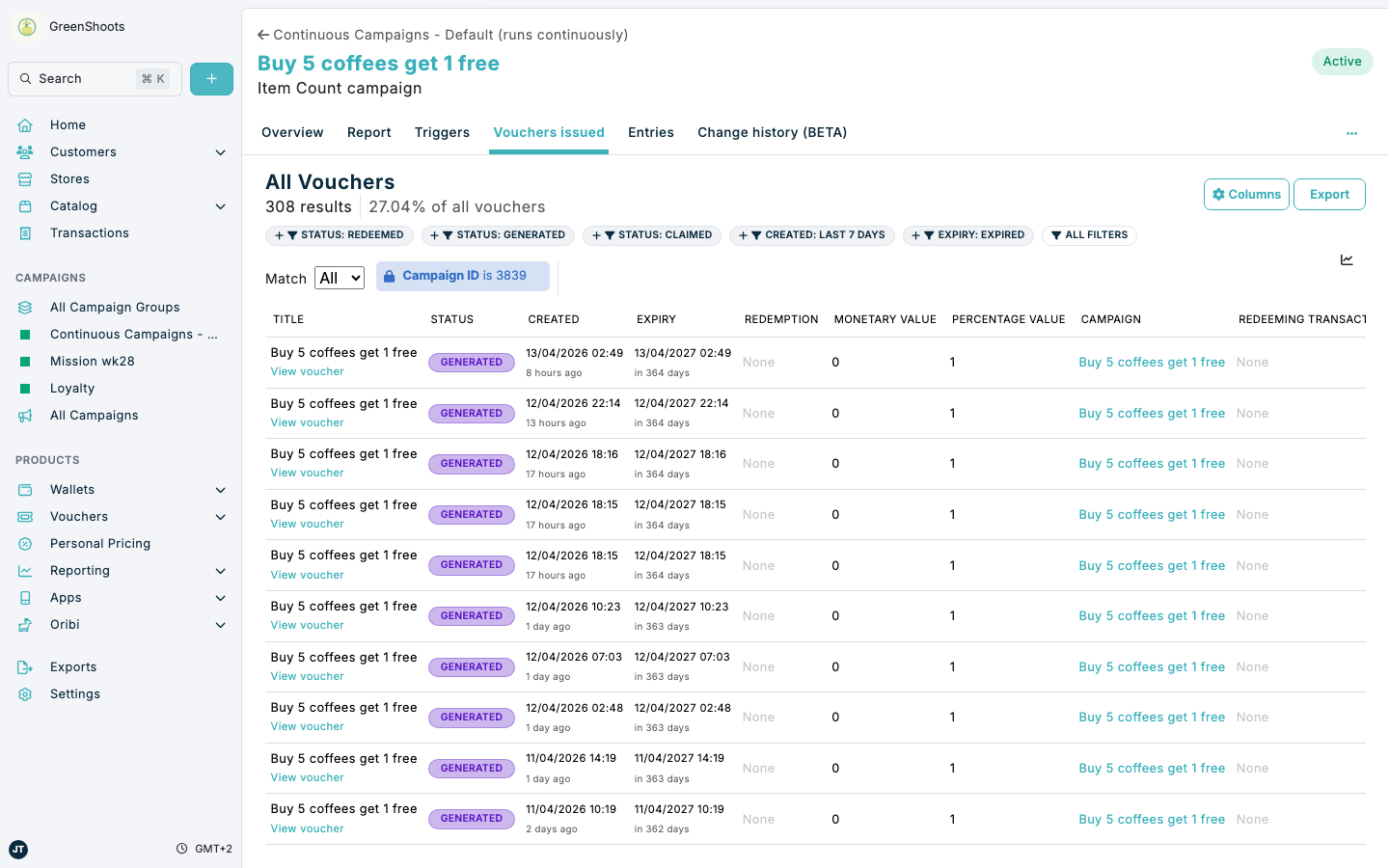 Campaign voucher filters with a locked Campaign ID rule in Spaaza Console