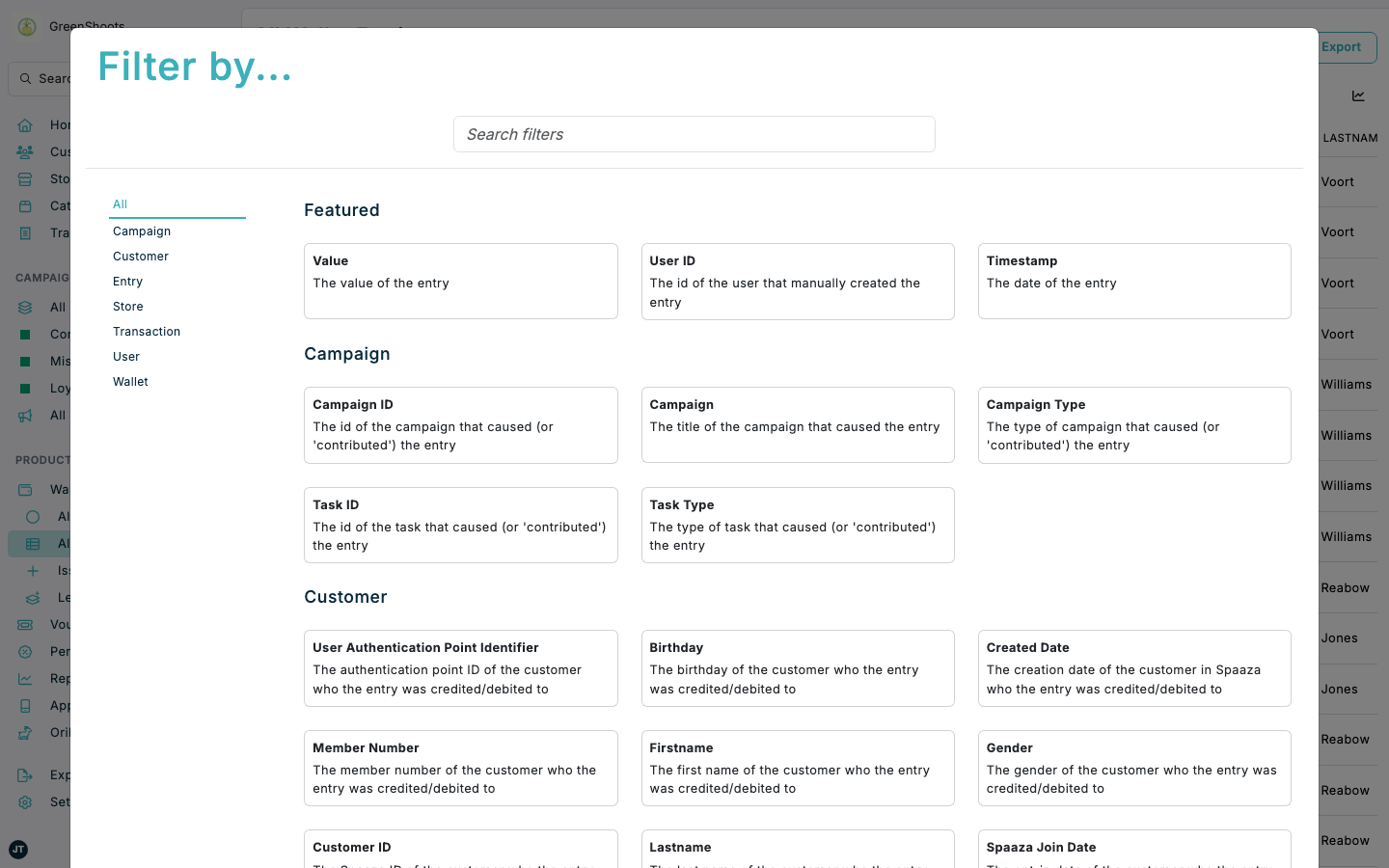 Filtering wallet entries in Spaaza Console